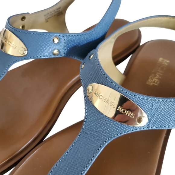 MICHAEL Michael Kors Blue Leather Gold Logo Plate Strappy Thong Sandal Women's 6 - Picture 7 of 11